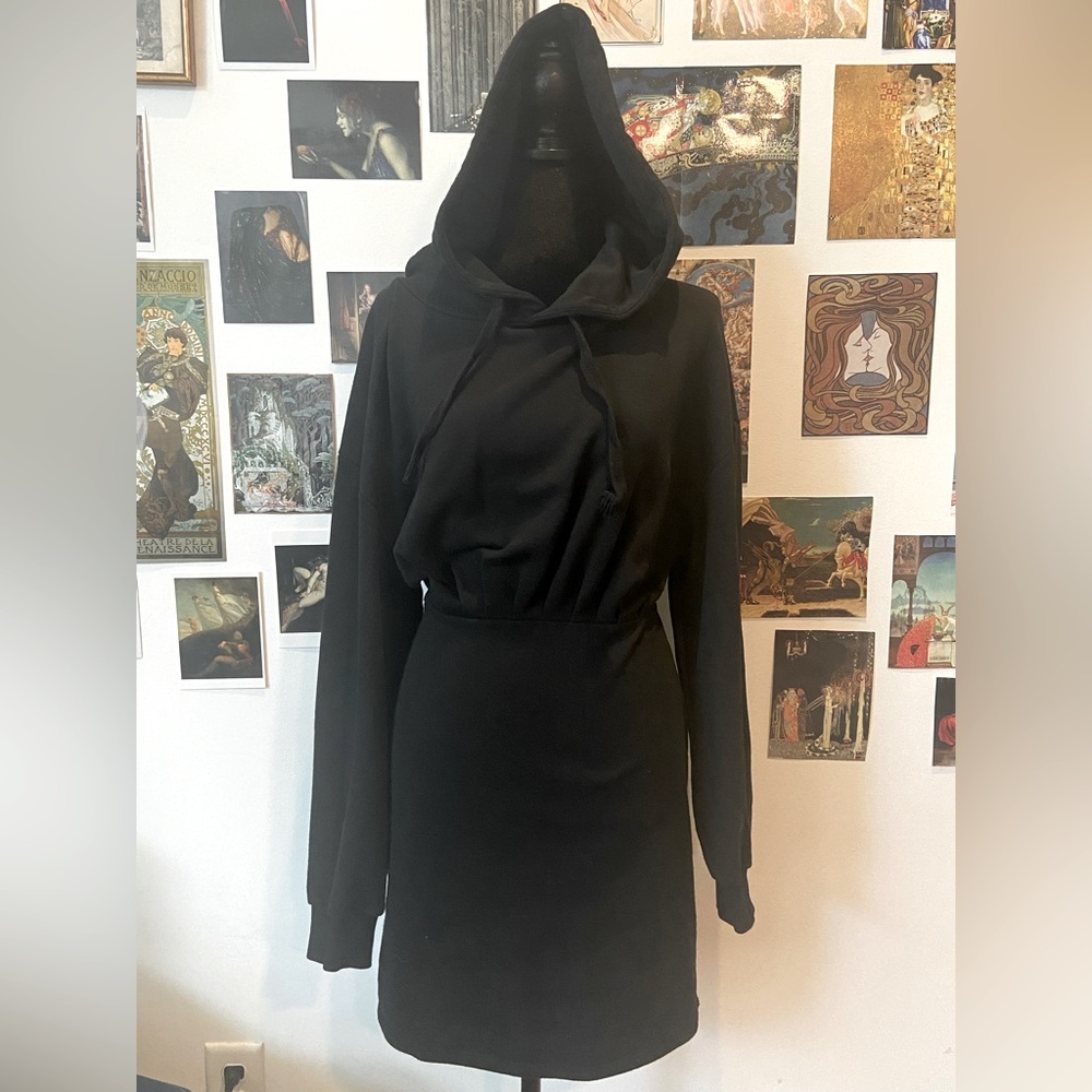 Topshop Black Bodycon Hoodie Sweatshirt Long Sleeve Mini Dress Size 10